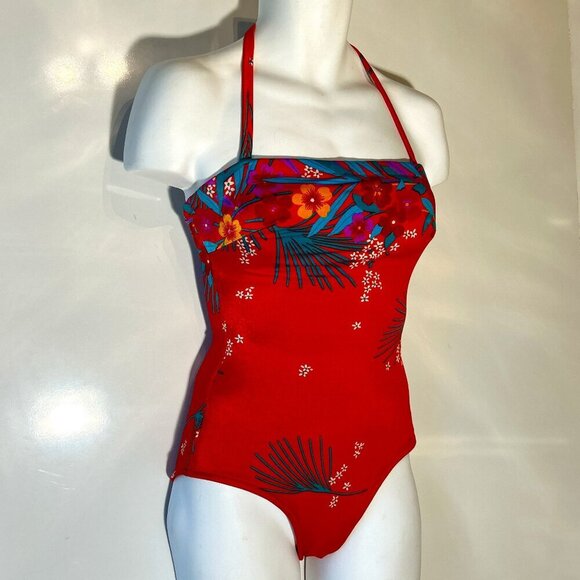 Sirena Vintage SZ 14 Red Tropical Print Tummy Control Swimsuit 80's Beach Swim - Picture 2 of 9